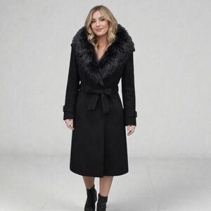 Nordstrom Black Belted Trench Coat with Faux-Fur Collar